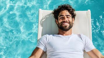 A man is smiling in a chair by a pool photo