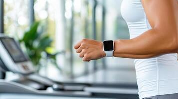 A woman is running on a treadmill with a smart watch on her wrist photo