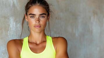 A woman in a yellow tank top photo