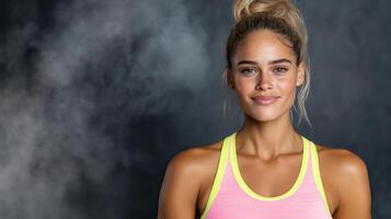 A woman in a pink top and pink tank top photo
