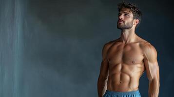A shirtless man standing in front of a blue background photo