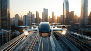 A flying car in the city with a cityscape in the background photo