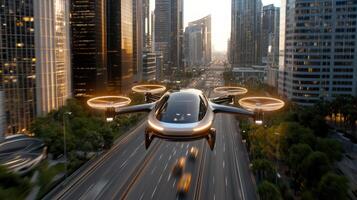 A flying car is flying over a city street photo