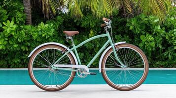 A green bicycle is parked near a pool photo