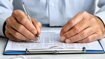 A man is writing on a clipboard with a pen photo