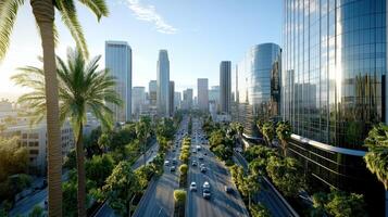 A city street with palm trees and tall buildings photo