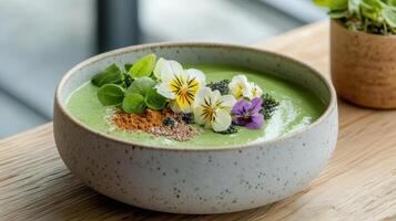 A bowl of green soup with flowers and herbs photo