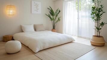 A white bed with a white pillow and a potted plant photo
