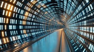 A tunnel with lights and a train going through it photo