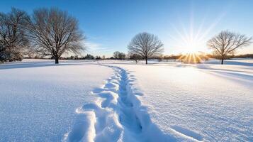 A snow covered field with a trail in the middle photo