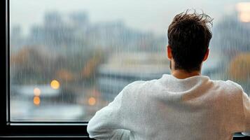A man looking out a window at a city photo