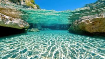 Underwater view of the clear water and rocks photo