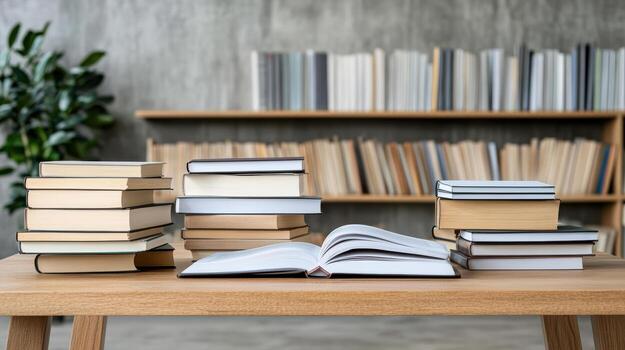libros en mesa en biblioteca con libros y estante para libros foto
