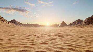 A desert scene with a pyramid in the middle photo