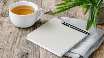 Notebook, pen, tea and potted plant on wooden table photo