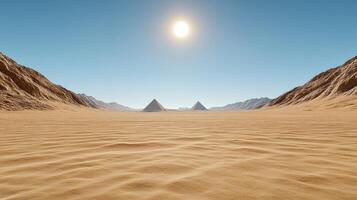 A desert scene with three pyramids in the distance photo