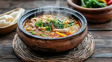 A bowl of soup with meat and vegetables on a table photo
