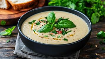A bowl of soup with herbs and bread on a wooden table photo