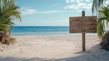 A wooden sign on the beach with palm trees photo