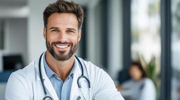 A smiling male doctor in a white coat photo