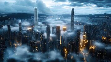 A city with tall buildings and fog photo