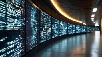 A long hallway with many screens showing data photo