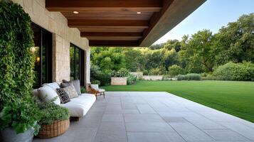 A patio with white furniture and green plants photo