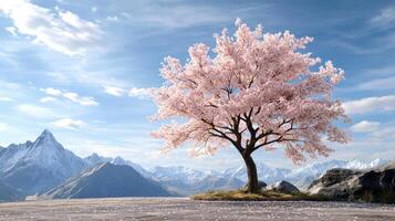 A single pink tree stands in front of a mountain range photo