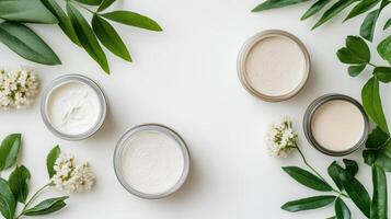 Various types of creams and lotions on a white background photo