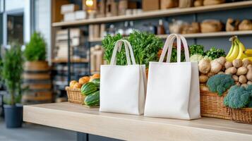 Two white bags sitting on a table with vegetables and other items photo