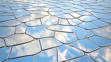 A blue sky and clouds are reflected in a cracked surface photo