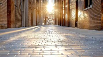 An empty street with the sun shining through the window photo