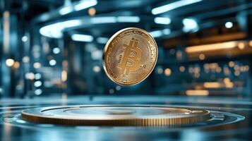 Bitcoin coin on the table with blurred background photo