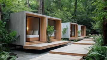 The cabins are made of wood and have beds photo