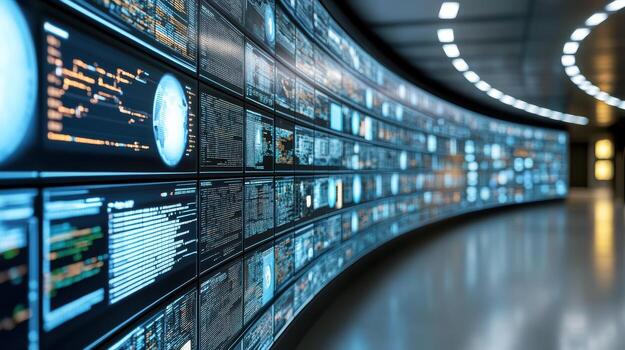 A long hallway with many screens and lights photo