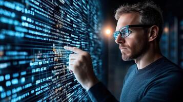 A man in glasses is pointing at a computer screen photo