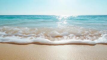 A beach with waves and sun shining on it photo