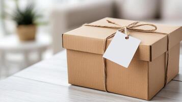 Brown cardboard box with tag on wooden table photo