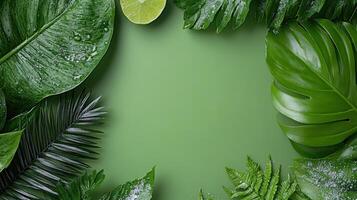 Tropical leaves and lime on a green background photo