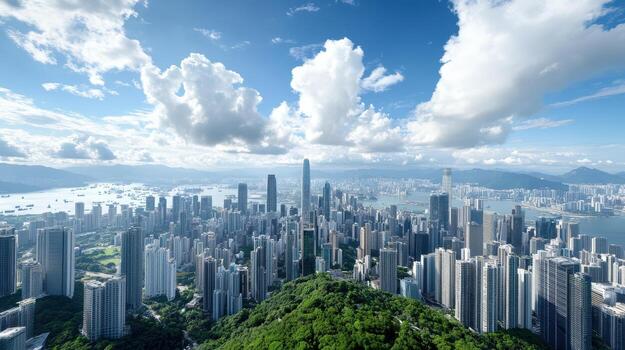 Hong kong cityscape with skyscrapers and clouds photo