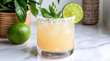 A margarita with lime and mint garnish photo