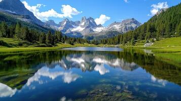 A lake surrounded by mountains and trees photo