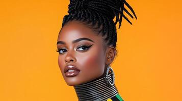 A beautiful black woman with braids and a colorful top photo