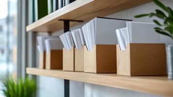 A shelf with several boxes of paper and a plant photo
