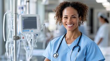 A smiling nurse standing in front of a hospital photo