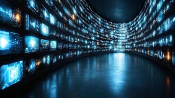A tunnel with many screens showing different images photo
