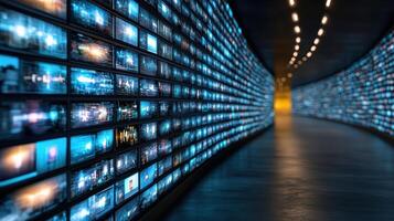 A tunnel with many television screens on the wall photo