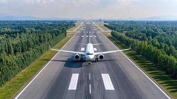 An airplane is taking off from an airport runway photo