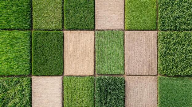 A large square of green grass in a square pattern photo
