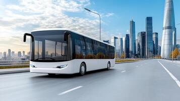A white bus driving down the road with skyscrapers in the background photo